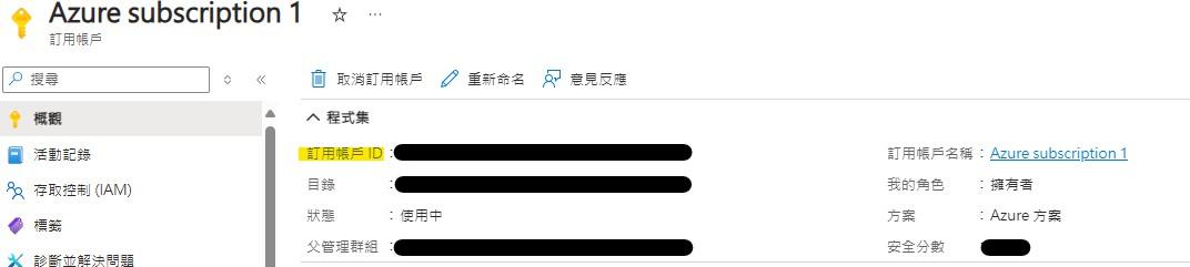 訂用帳戶概觀頁面，程式集中的訂用帳戶 ID 欄位