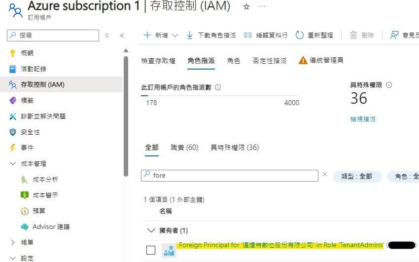存取控制 IAM 角色指派頁面，搜尋 fore 後顯示邁達特科技的 Foreign Principal 擁有者